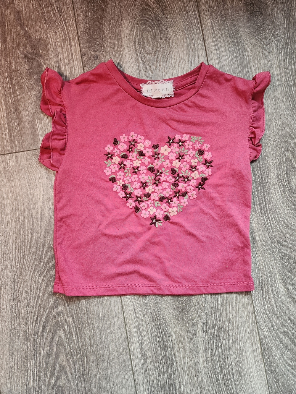 btween Pink Floral Heart Ruffle Sleeve Tee - Size 4T